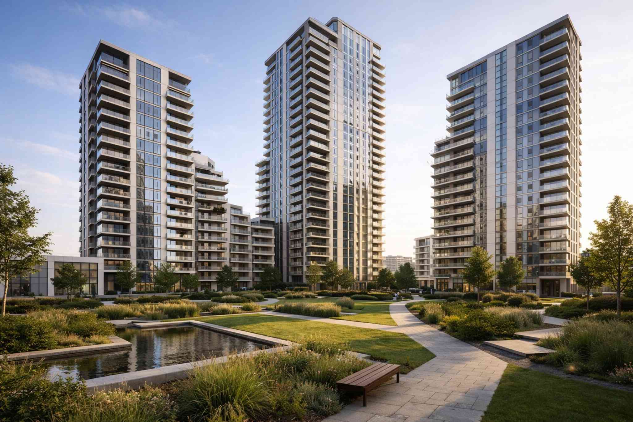 Modern multifamily apartment buildings and residential community