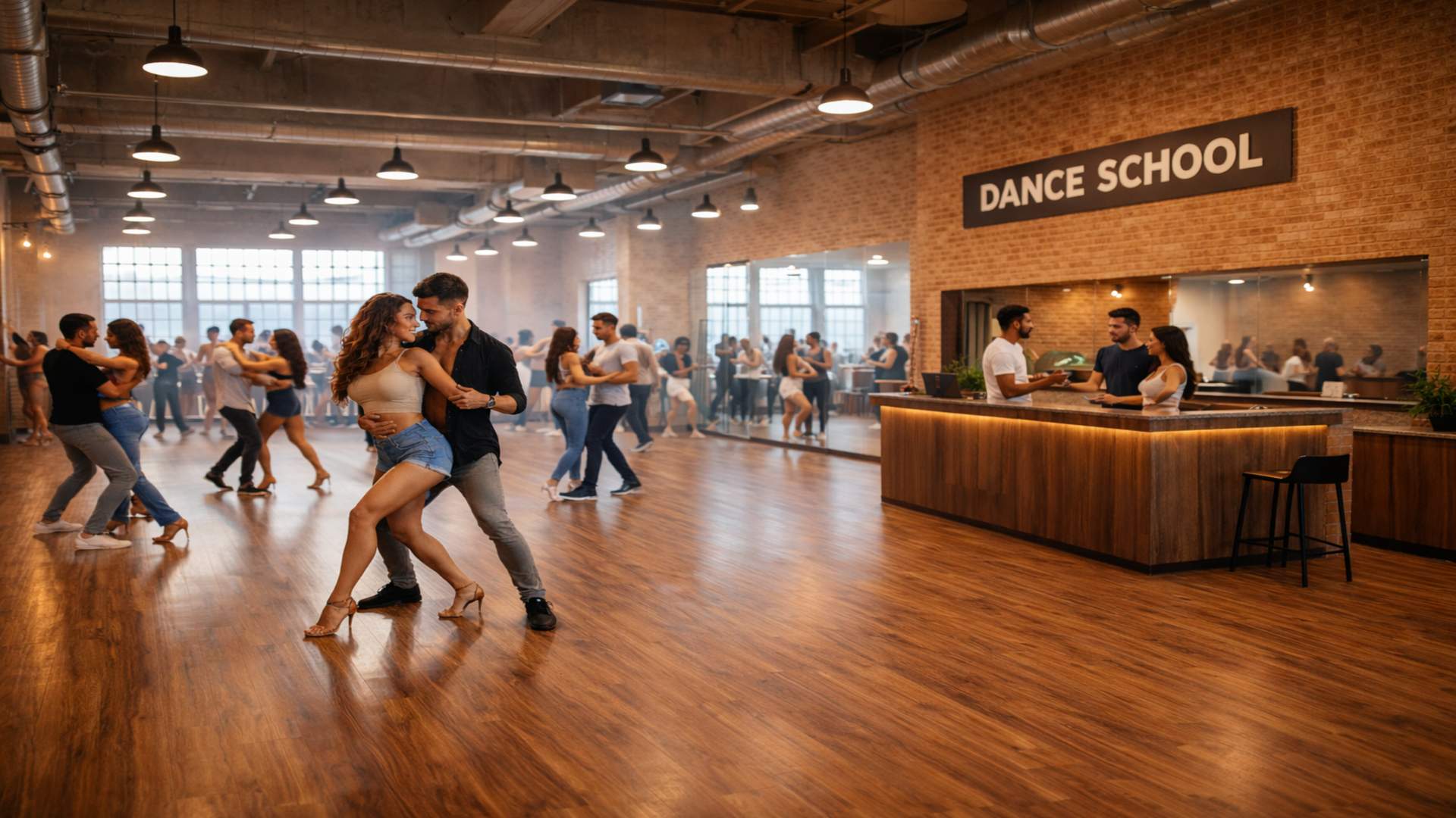 Spacious modern dance studio with mirrors and reception area