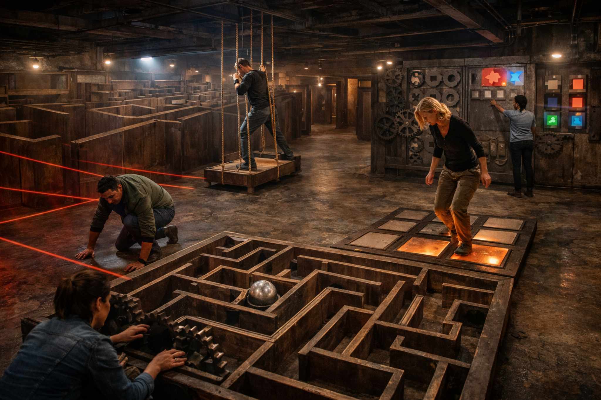 Escape room team solving puzzles inside a themed room experience