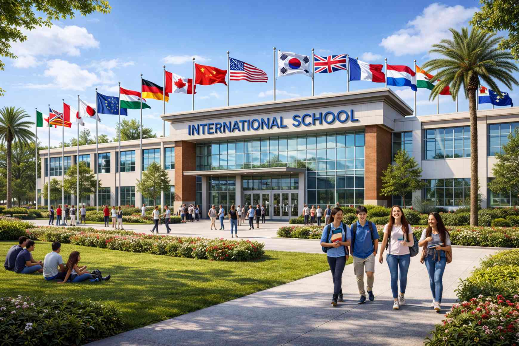International school campus with multiple flags and modern academic facilities