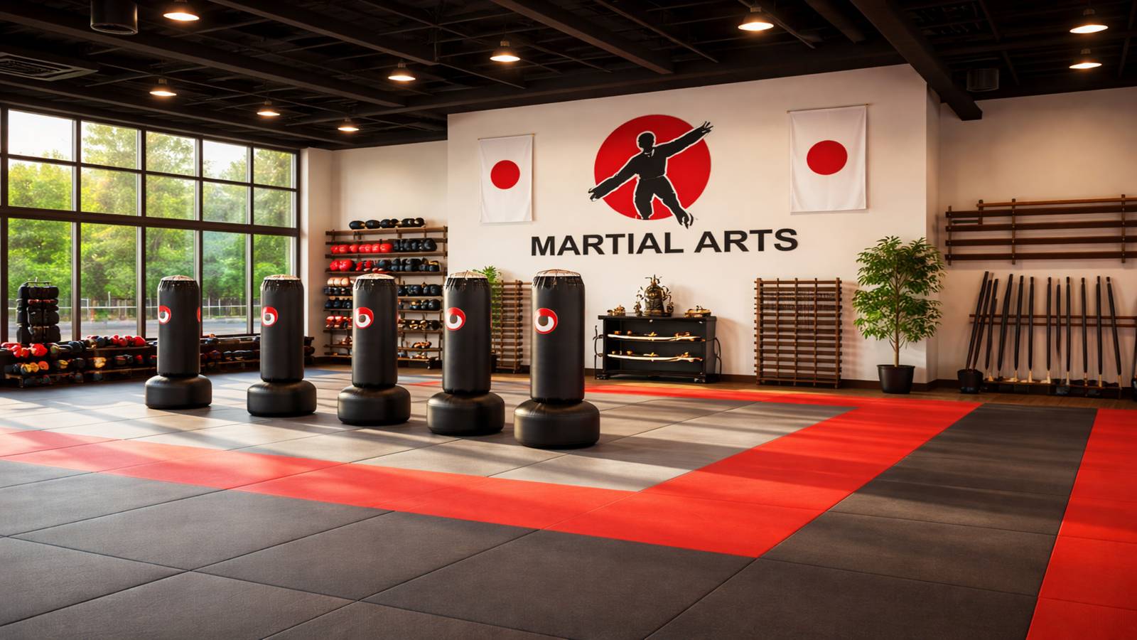 Martial arts school class training with instructor and students