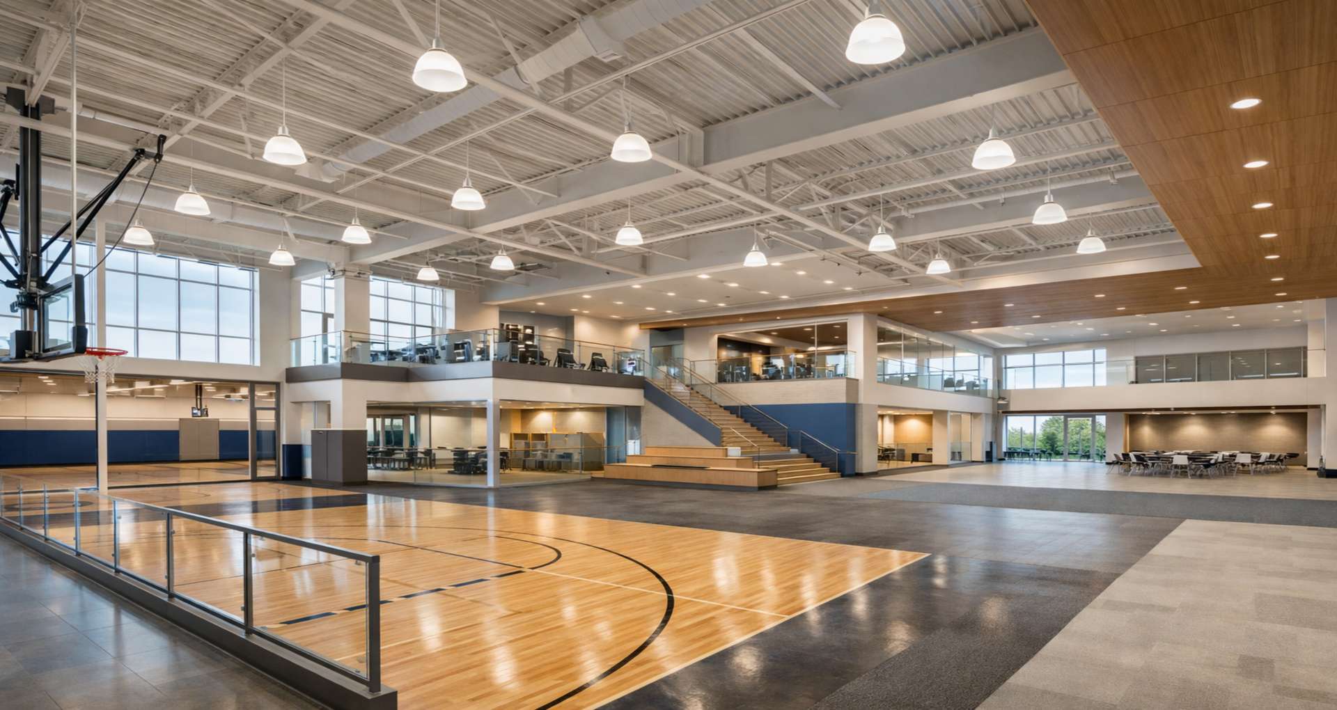 Modern recreation center interior with indoor courts and multi-use activity spaces