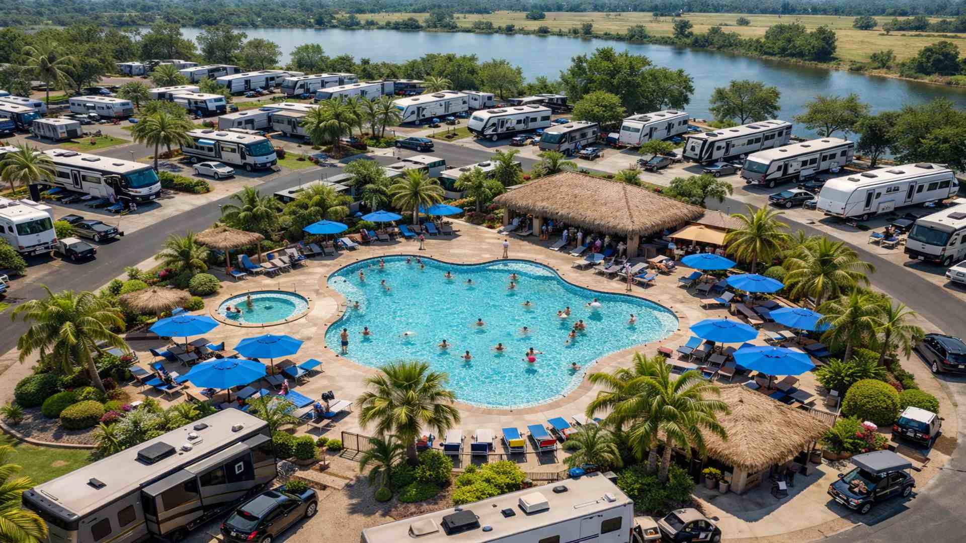 RV park with organized RV sites and shared amenities managed with software