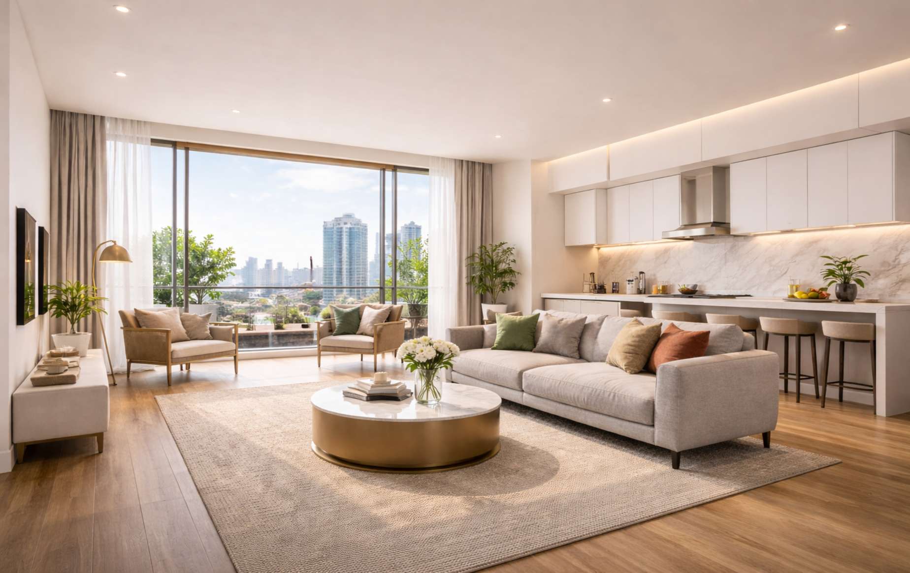 Modern serviced apartment interior with flexible living space