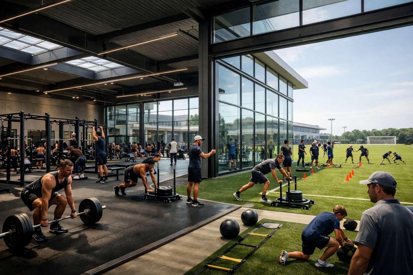 Modern sports academy training facility with athletes and coaches