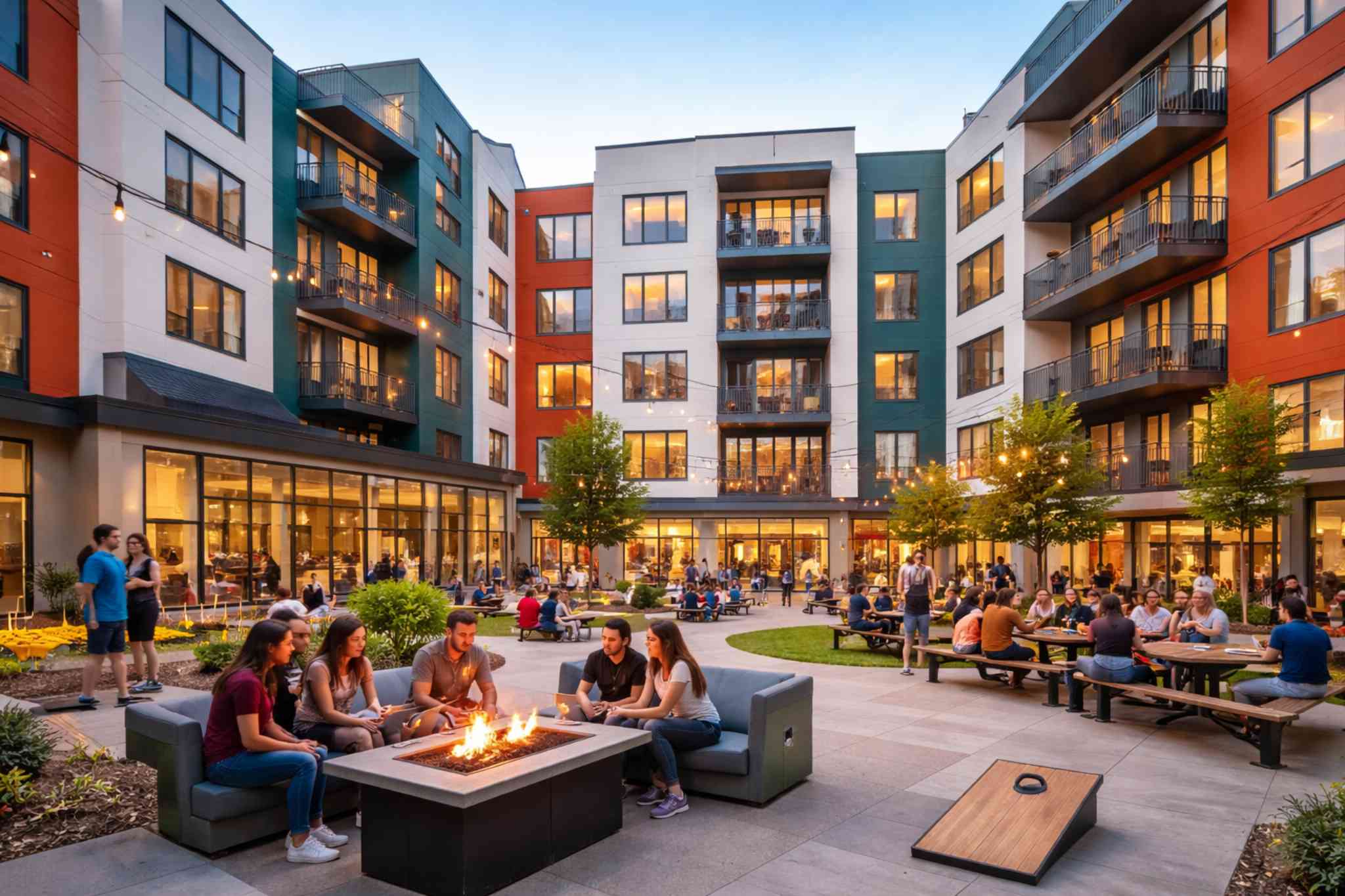 Student housing residence hall interior with shared living spaces