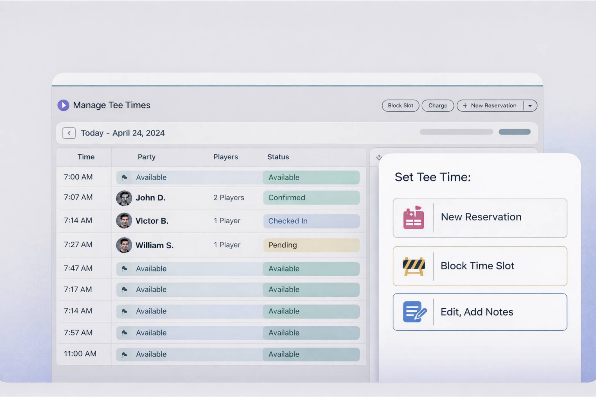 Tee Time Management Software Dashboard