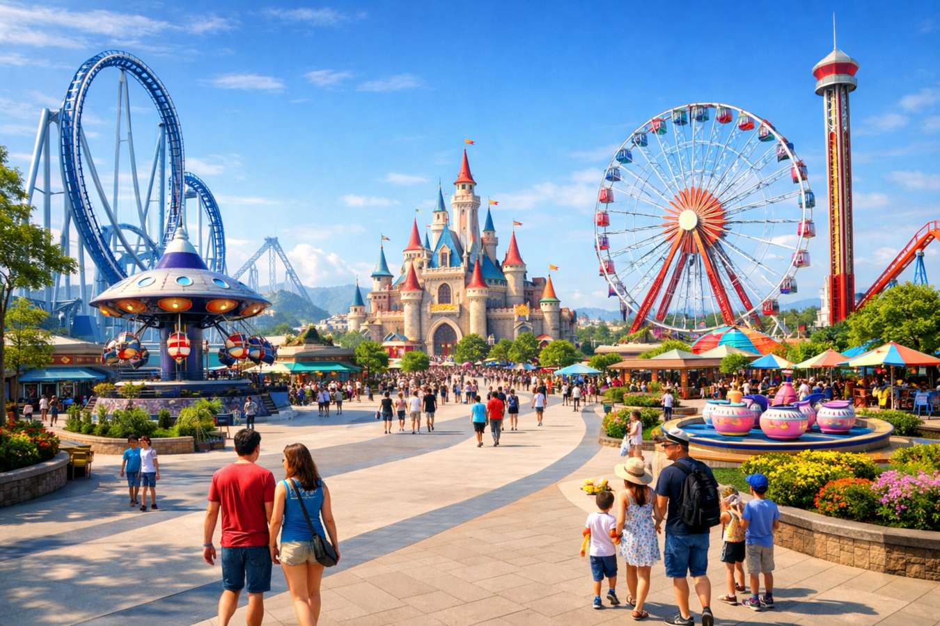 Modern theme park with rides, attractions, and guests enjoying the park