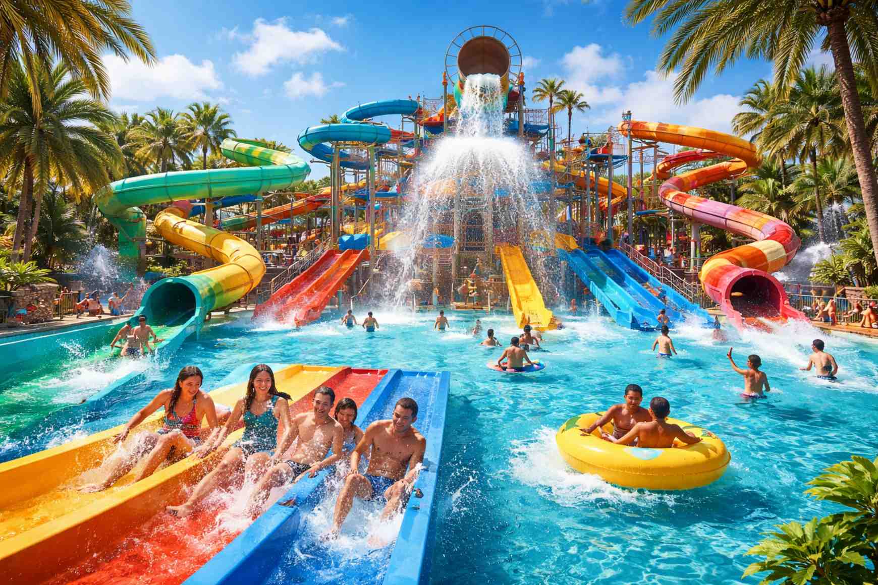 Large outdoor water park with multiple slides and attractions
